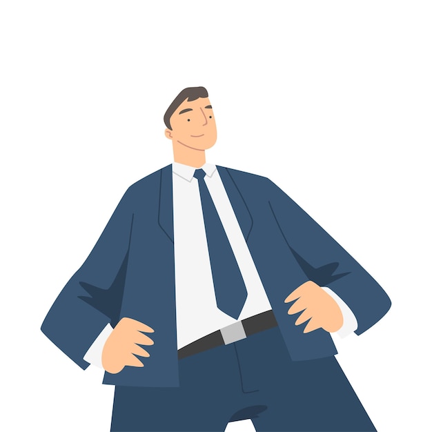 Man Character in Formal Suit and Tie Standing and Smiling Perspective View Vector Illustration