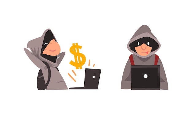 man cybercriminal wearing black mask committing network and computer crime harming security and