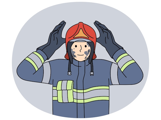 man firefighter in uniform with traces of soot on face after extinguishing burning building