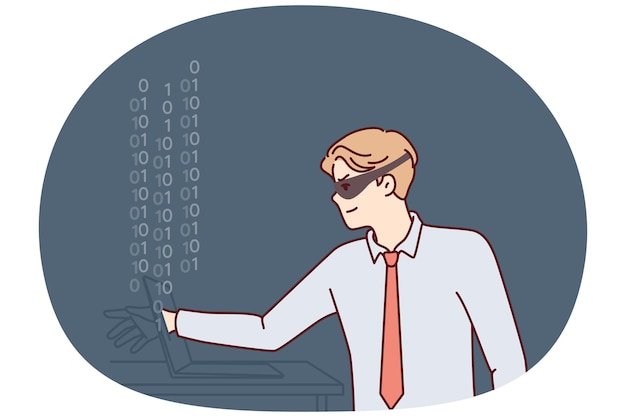 man hacker in mask hiding face reaches out to laptop screen to steal important information