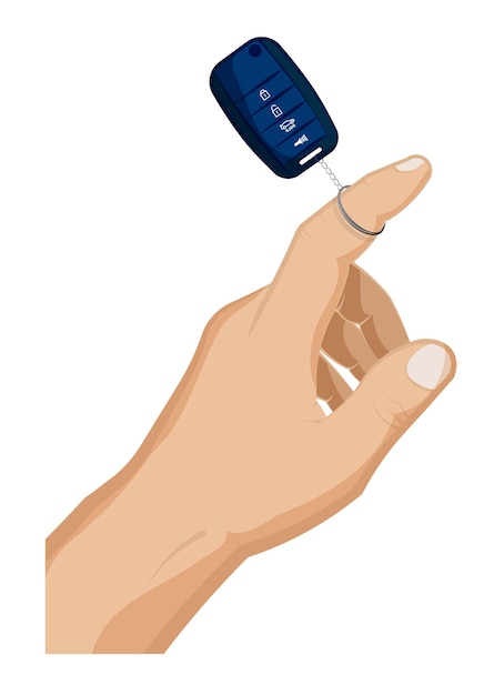 Man hand twists a folding car key with remote control on his finger Car alarm key fob Cartoon vector