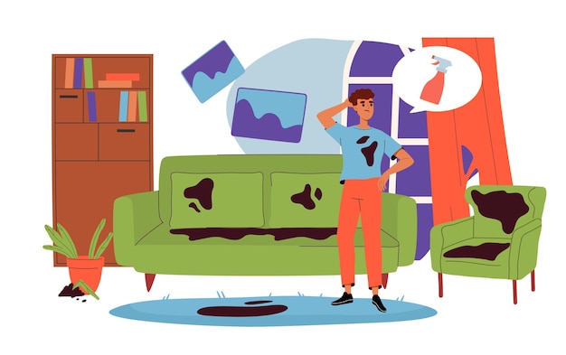 Man in dirty room concept young guy stand at apartment with mess and chaos stains of soil at sofa