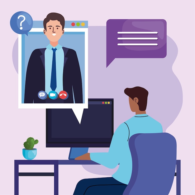 man in video call with computer