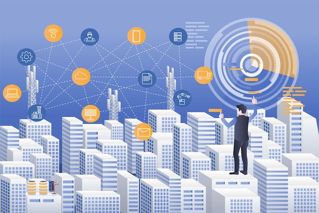 man is controlling smart city with digital transformation technology
