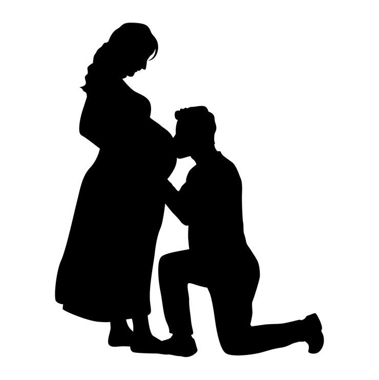 Vektor man kissing pregnant woman belly silhouette father and baby bonding happy family concept
