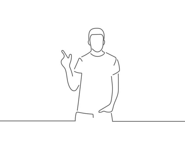 man pointing up at copy space line drawing or continuous one line illustration