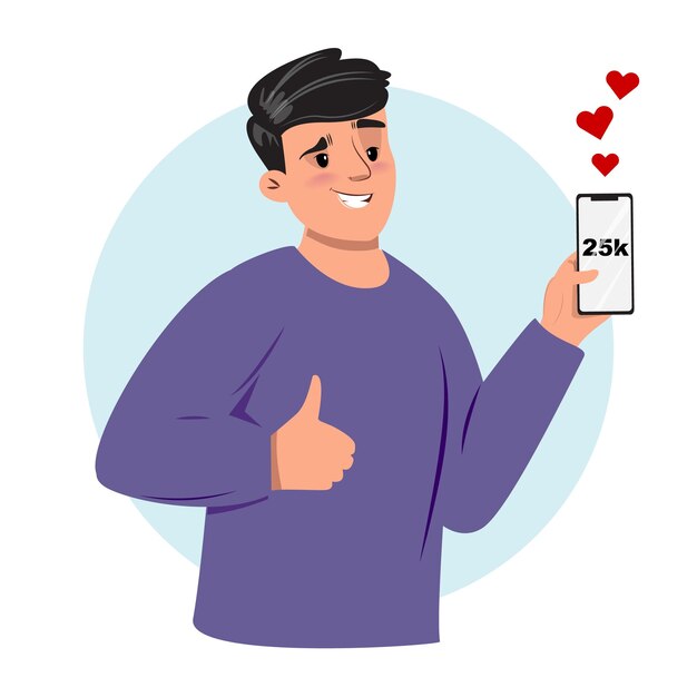 Man showing his smartphone with 25k likes and giving a thumb up symbolizing the achievement
