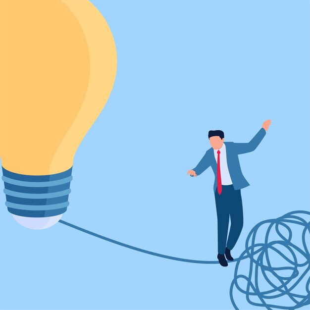 Man walking on a tightrope from a tangled rope towards a lamp illustration for problem solving