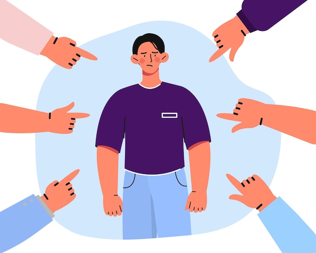 Man with accusation concept sad young guy with pointing fingers of hands negative emotions and