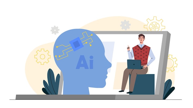 man with ai young guy with laptop works with artificial intelligence modern technologies and