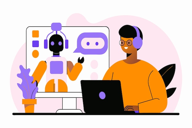 Man with headset interacts with an AI assistant on his computer
