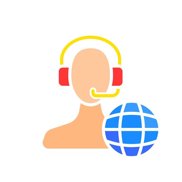 Man with microphone and planet line icon Geography study science continent country world geolocation Vector color icon on white background for business and advertising