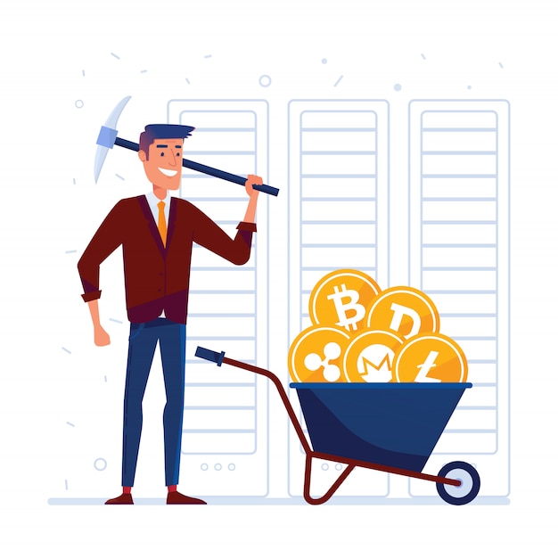 Man with pickaxe and barrow full of crypto coins