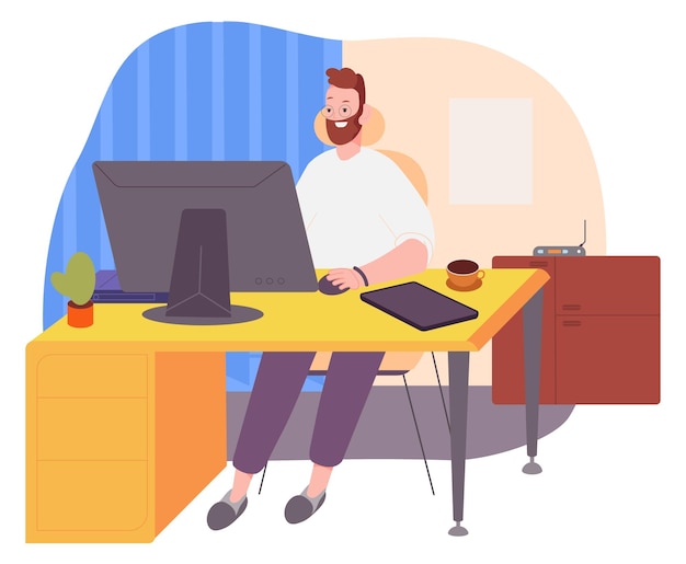 man working on computer in cozy home interior