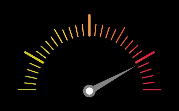 Manometer or measuring indicator Speedometer icon with red yellow green scale and arrow Performance progress chart Risk indicator Vector illustration