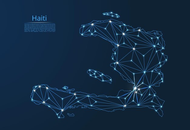 Mapa komunikační sítě Haiti Vektorový nízko polygonální obrázek globální mapy se světly ve formě měst nebo hustoty obyvatelstva sestávající z bodů a tvarů ve formě hvězd a prostoru