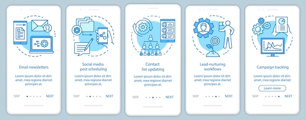 Marketing automation blue onboarding mobile app page screen vector template. Software platforms walkthrough website steps with linear illustrations. UX, UI, GUI smartphone interface concept