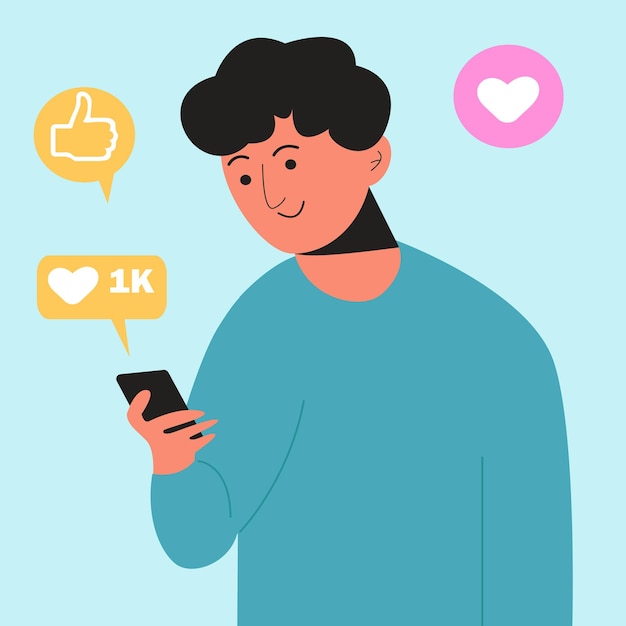 Marketing in social networks A guy a brunette man holding a smartphone in blue black