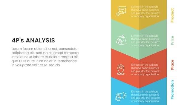 marketing mix 4ps strategy infographic with vertical arrow bottom direction with 4 points for slide presentation