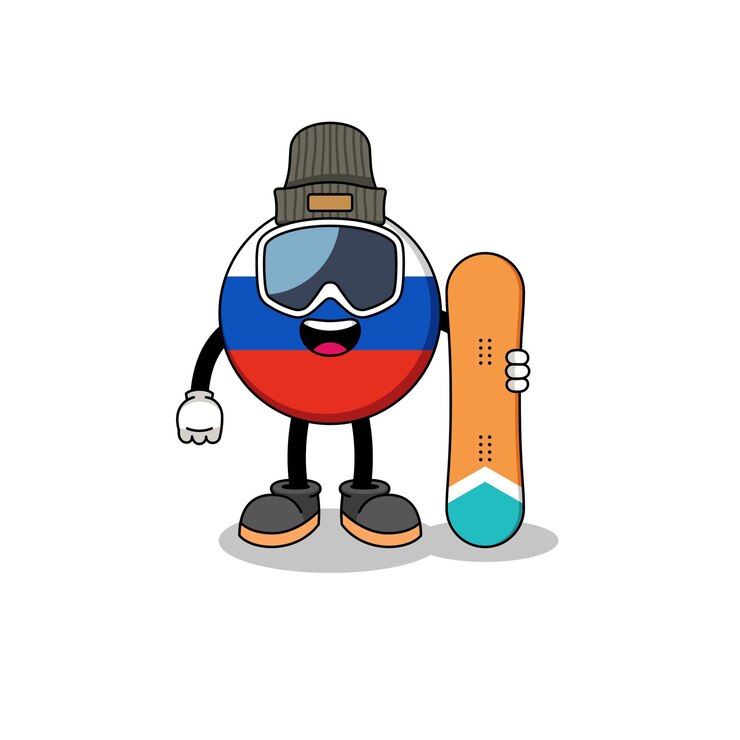 Vektor maskot, kreslená postavička ruské vlajky, snowboardista, design postavy