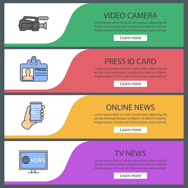 Mass media web banner templates set. Video camera, press ID card, TV news, electronic newspaper. Website color menu items. Vector headers design concepts