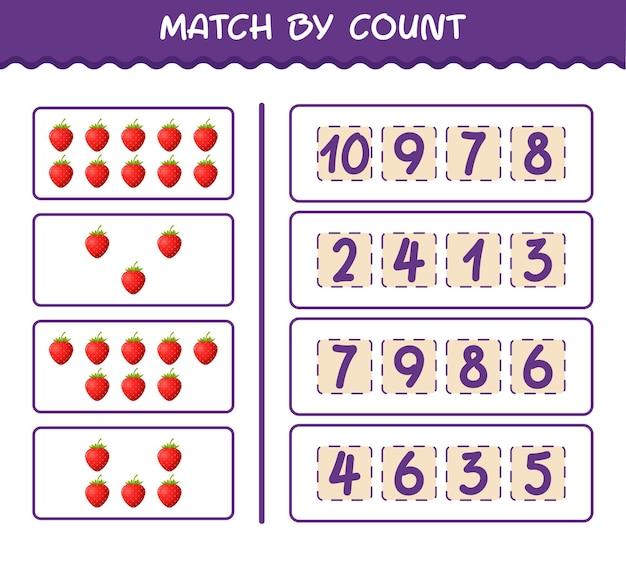 Match by count of cartoon strawberry. Match and count game. Educational game for pre shool years kids and toddlers