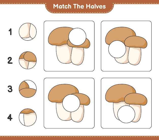 match the halves match halves of mushroom boletus educational children game printable worksheet vector illustration