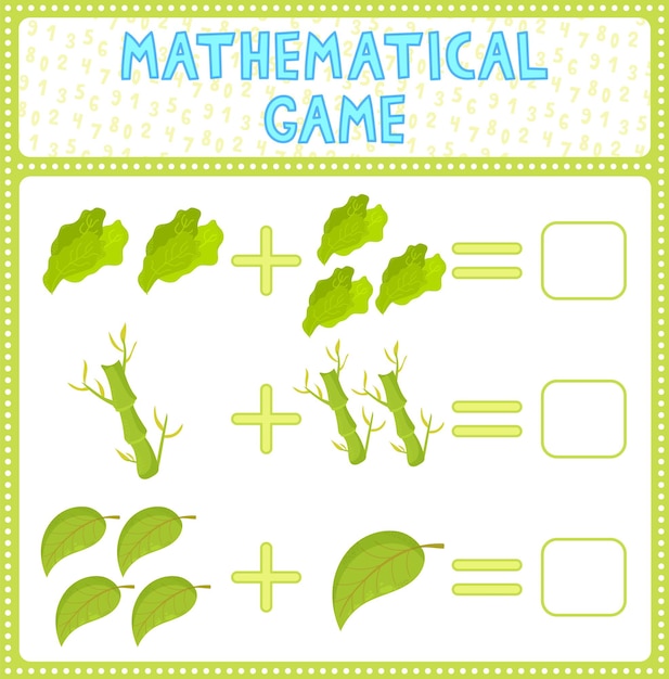 Mathematical count game for kids Can You solve this Children funny riddle entertainment Find right answer Mathematics vector activity page and game Matching task with lettuce bamboo leaf