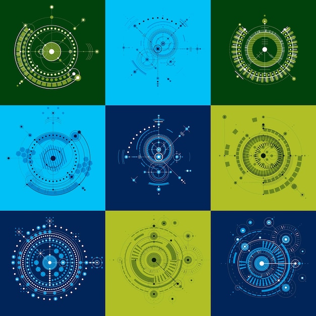 mechanical schemes. set of vector engineering drawings with circles and geometric parts of mechanism. technical plan can be used in web design and as wallpaper.