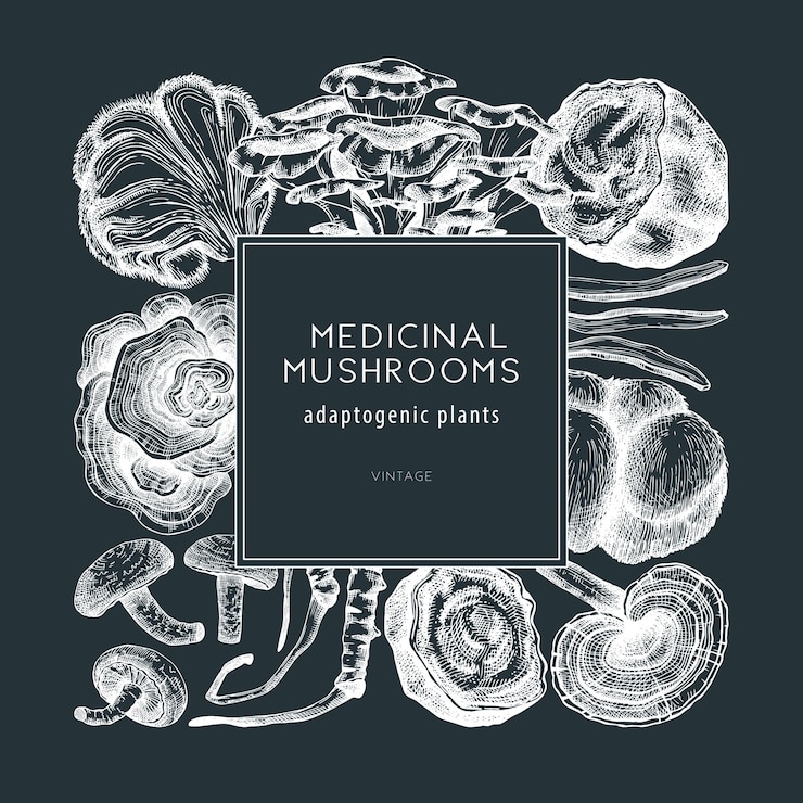 Vektor medicinal mushroom frame on a chalkboard handsketched adaptogenic plants wreath design