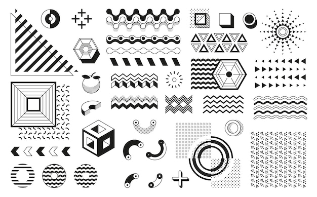 Memphis geometric shapes Retro black and white halftone pattern and trendy design elements Abstract modern minimal shapes dots and lines Vector round and square forms isolated background