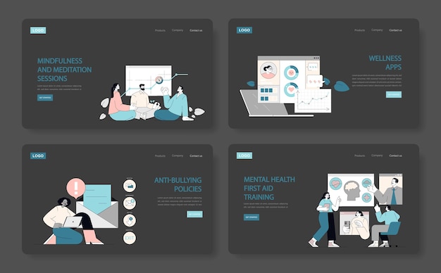 Mental health awareness set digital solutions for wellbeing through apps meditation antibullying and