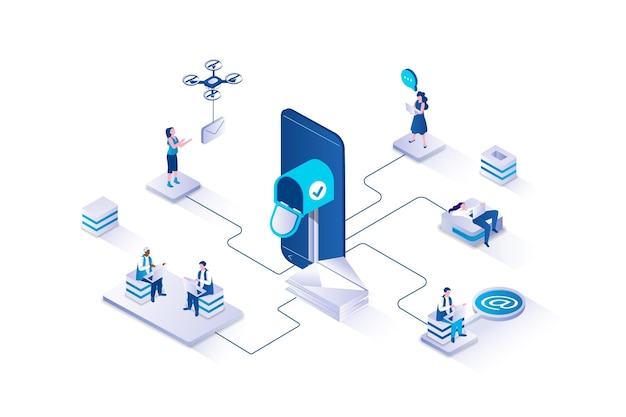 Messaging service 3d isometric concept with isometry people design for web Users sending and receiving emails and digital letters to mailbox using programs and applications Vector illustration