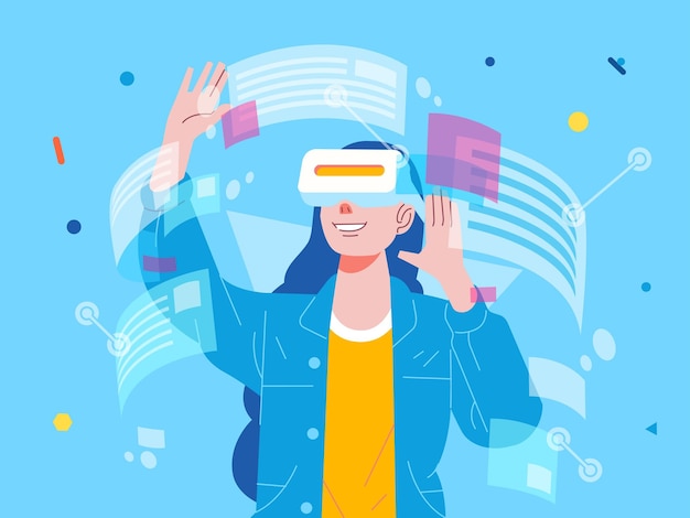 Metaverse Digitální technologie virtuální reality dívky s brýlemi a VR headsetem připojené k virtuálnímu prostoru