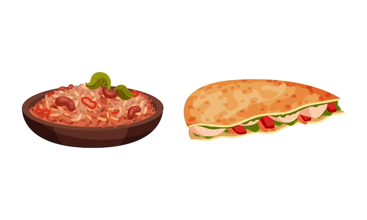 Vektor mexican traditional food set quesadilla and stewed hot spicy beans vector illustration