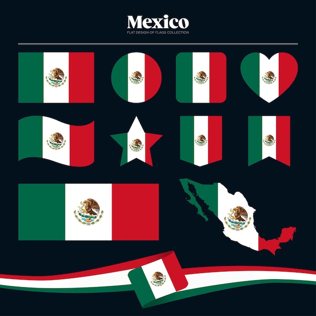 Mexico flag flat design of flags stationery shape collection