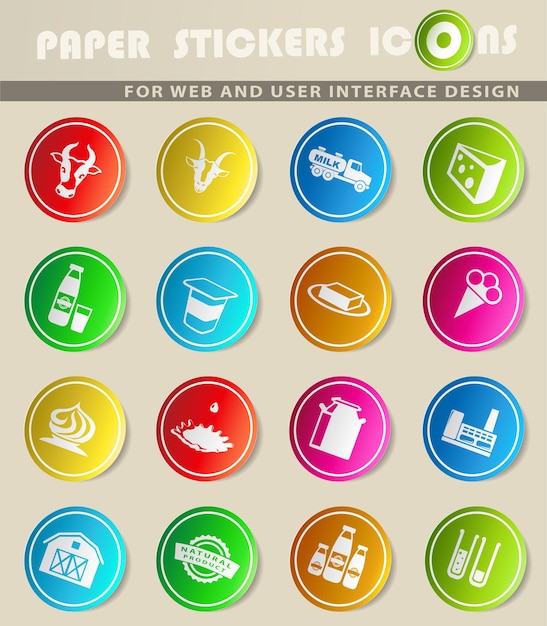 Milk industry vector icons on colored paper stickers