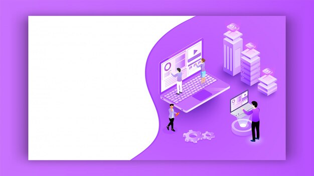 miniature people working on laptop with different programming server on purple banner