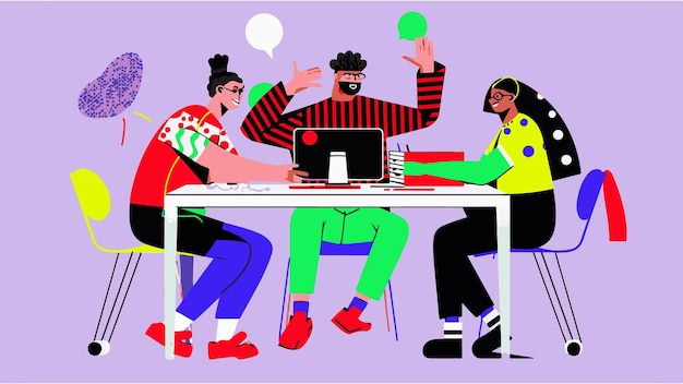 Minimalistická vektorová ilustrace týmu vytvářejícího digitální aplikaci, počítačové nápady, 3 lidé