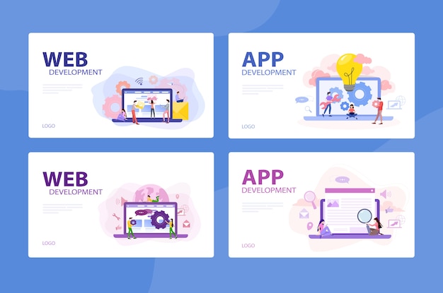 Mobile app and web development banner concept set. Programming app for digital device. Creating interface for user.   illustration in  style