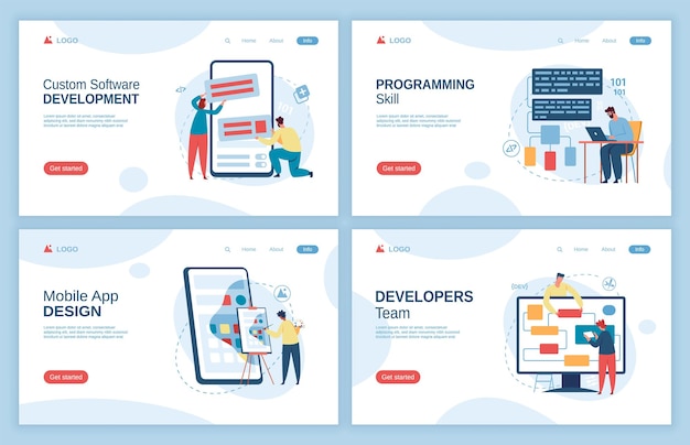 Mobile app design, software development landing page template. Programming skills, ui ux design, building website concept vector set. Characters constructing smartphone application