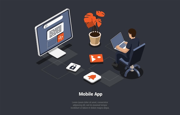 Mobile App Development and Design Male Character Developer Is Testing Usability Interface Of Website Mobile Application Debug Sketch Layout on Smartphone Or Tablet Isometric 3d Vector Illustration