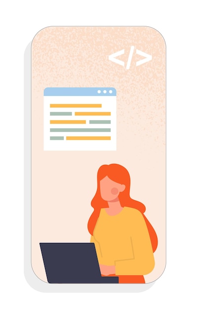 Mobile app development concept Woman with laptop write code IT specialist and programmer Interface for application and program Cartoon flat vector illustration isolated on white background