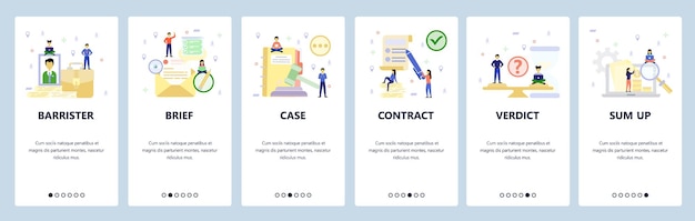 mobile app onboarding screens pretrial agreement court legal case verdict barrister lawyer menu vector banner template for website and mobile development web site design flat illustration