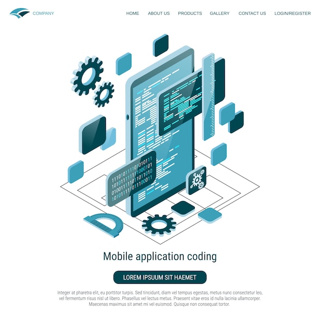 mobile application coding flat 3d isometric vector concept illustration