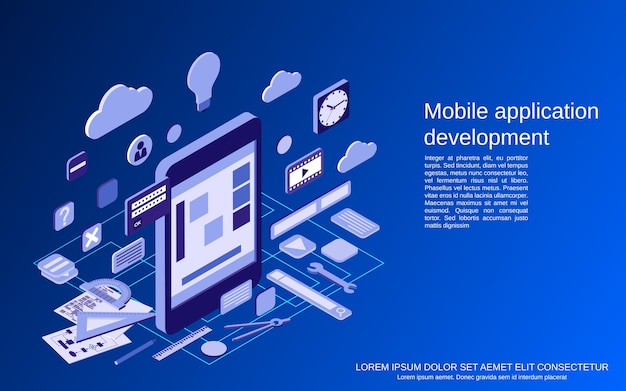 mobile application development, program coding   isometric  concept illustration
