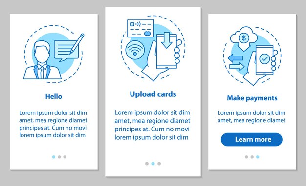 Mobile banking onboarding mobile app page screen with linear concepts. Support chat, credit cards uploading, making payments steps graphic instructions. UX, UI, GUI vector template with illustrations