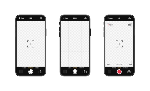 Mobile phones with camera interface. Mobile app application. Photo and video screen.