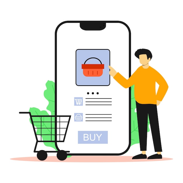 Mobile shopping app interface with user interacting to buy product