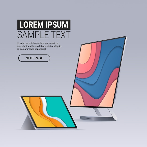 modern computer monitor and tablet with colored screens realistic gadgets and devices concept